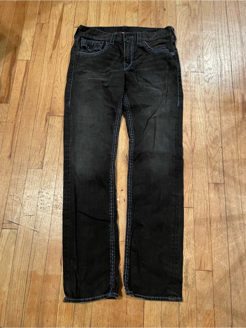 True Religion Men's Black Jeans with Blue Contrast Stitching